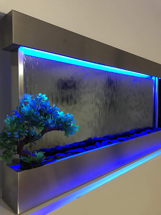 Wall Hanging Waterfall XL 47” Wide X 24” Tall Wall Fountain St. Steel Frame, Color Lights, Remote Ctrl