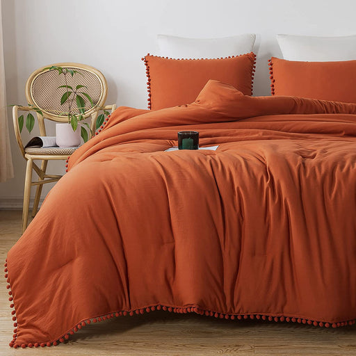 Terracotta Pom Comforter Full(79X90 Inch), 3 Pieces (1 Comforter, 2 Pillowcases) Luxurious Ball Pom Fringe Design Comforter Set, Soft Microfiber down Alternative Bedding Set