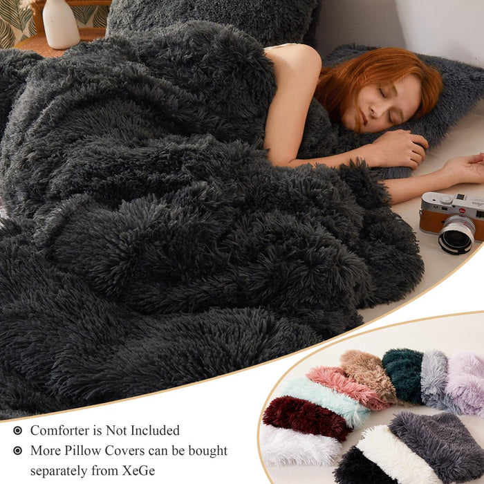 3 Piece Faux Fur Comforter Cover Set, Furry Plush Duvet Cover Set, Luxury Ultra Soft Velvet Fuzzy Fluffy Bedding Set, Shaggy Duvet Cover with 2 Pillow Shams, Zipper Closure, Queen Size, Dark Gray
