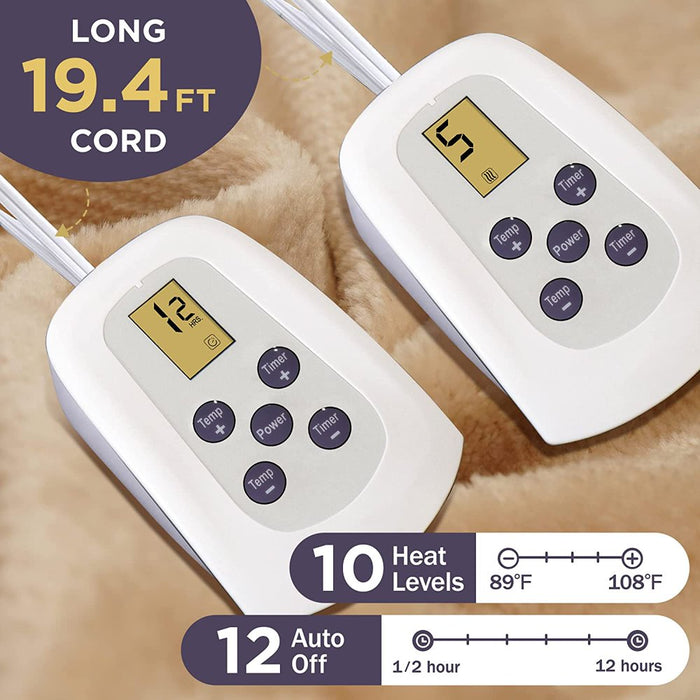 Electric Blanket Queen Size 84"X90" Flannel Heated Throw Blanket, Dual Controls Setting Electric Blanket, 10 Heating Levels, 12H Auto-Off, 5 Years Warranty, Machine Washable - Beige