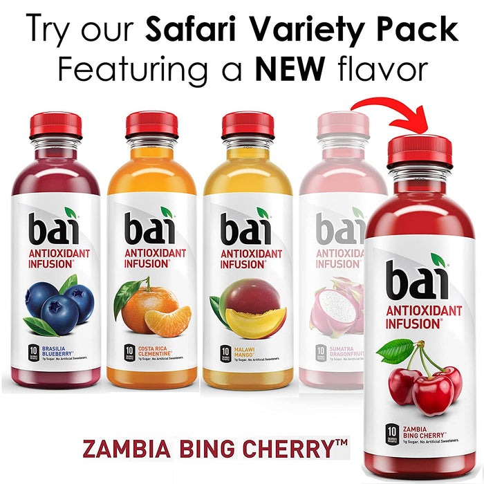 Bai Flavored Water, Safari Variety Pack, Antioxidant Infused Drinks, 18 Fluid Ounce Bottles, 12 Count, 3 Each of Brasilia Blueberry, Costa Rica Clementine, Malawi Mango, Zambia Bing Cherry,18 Fl Oz (Pack of 12)