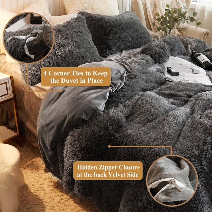 3 Piece Faux Fur Comforter Cover Set, Furry Plush Duvet Cover Set, Luxury Ultra Soft Velvet Fuzzy Fluffy Bedding Set, Shaggy Duvet Cover with 2 Pillow Shams, Zipper Closure, Queen Size, Dark Gray
