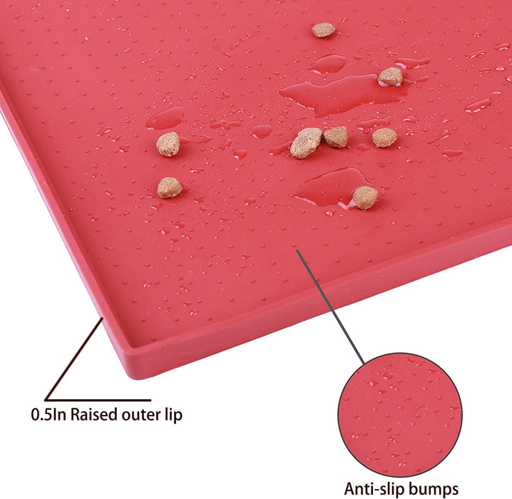 Dog Feeding Mat,Silicone Pet Food and Water Bowl Placemat,Dishwasher, High Raised Edge to Prevent Spills,Nonslip Waterproof Tray to Stop Messes on Floor (19"X12"X0.5", Red)