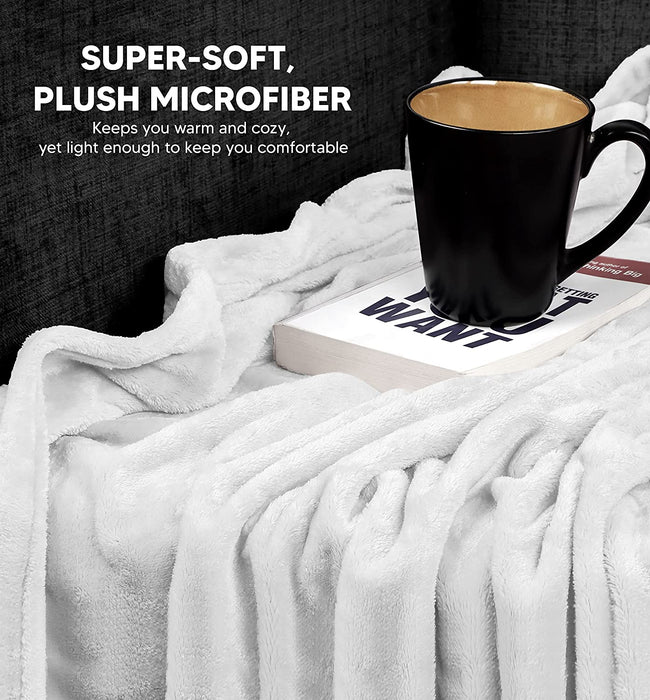 Fleece Blanket Queen Size White 300GSM Luxury Bed Blanket Anti-Static Fuzzy Soft Blanket Microfiber (90X90 Inches)