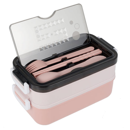 Lunch Box 2-Layer 3-Compartment Bento Box Cutlery Set Portable Leak Proof Food Container Storage Box with Fork Spoon Chopsticks For
