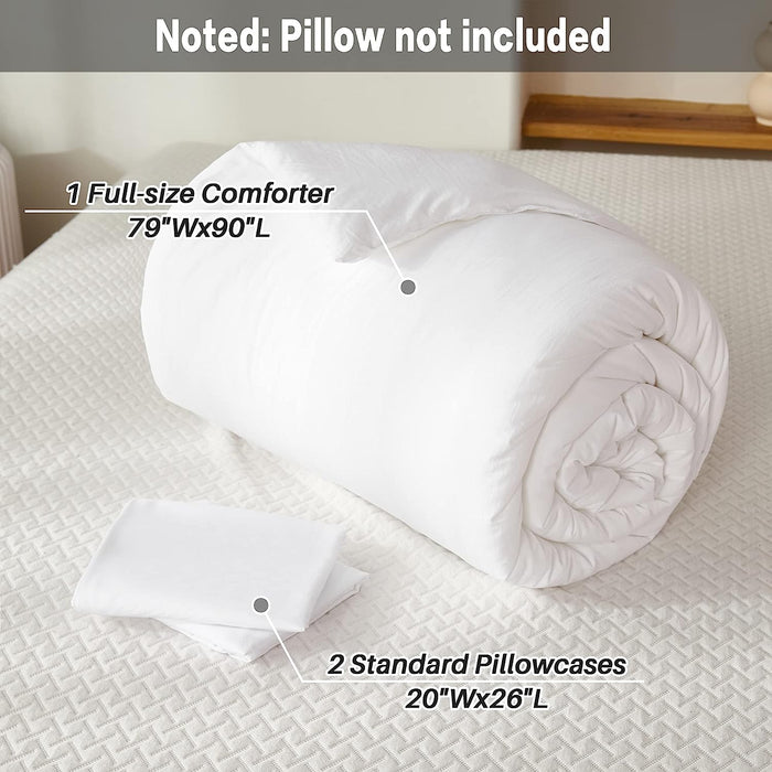 White Comforter Full Size, 3 Pieces Boho Lightweight Solid Bedding Set & Collections, All Season Fluffy Bed Set (79X90In Comforter & 2 Pillowcases)