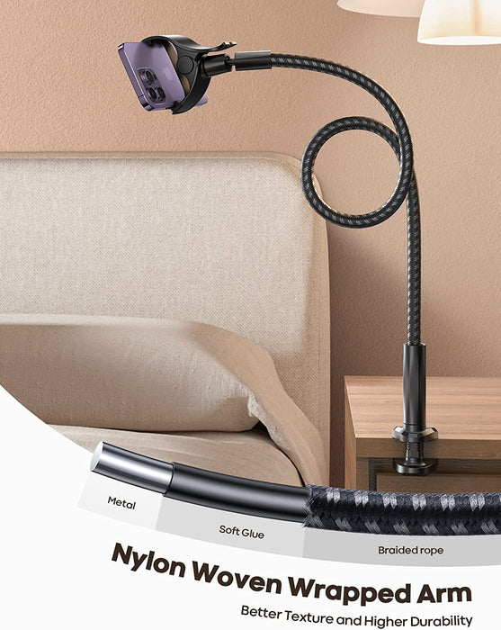 Gooseneck Phone Holder Bed - [Newest Nylon Braided] Flexible Arm, Overall Length 38Inch, 360 Adjustable Clamp Clip, Overhead Cell Phone Mount Stand for Bed, Desk, 4-7” Cellphone