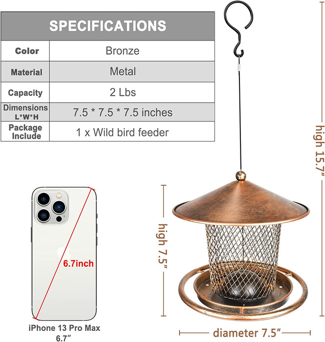 Squirrel Proof Bird Feeders, Cute Lantern Bird Feeder Roof Shaped, Heavy Duty Metal Wild Bird Feeder with Hook for Garden Yard outside Hanging Decor, 2Lbs Capacity - Bronzed