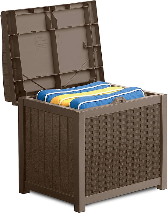 22-Gallon Small Deck Box - Lightweight Resin Indoor/Outdoor Storage Container and Seat for Patio Cushions, Gardening Tools and Toys - Store Items on Patio, Garage, Yard - Mocha Wicker