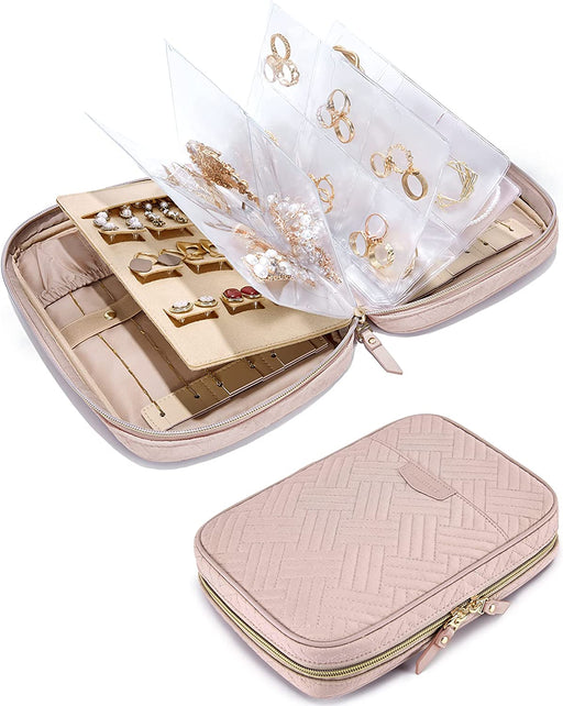 Jewelry Travel Organizer Case Transparent Jewelry Storage Book Ring Binder Jewelry Bags Clear Booklet Zipper Pouch Bag for Necklaces, Earrings, Rings, Bracelets, Pink