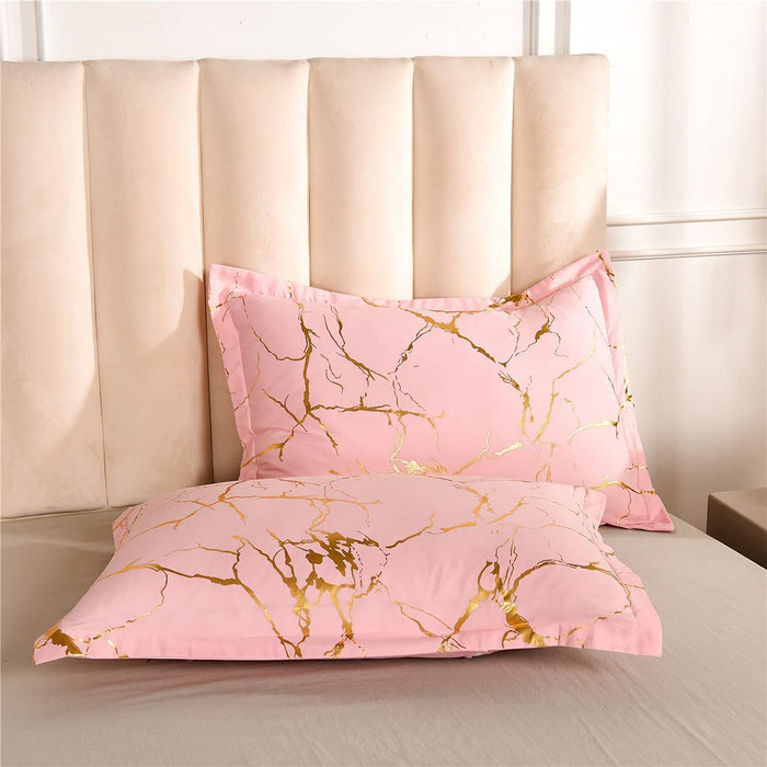 Gold Metallic Marble Comforter Set Queen Size Foil Print Glittering Bedding Sets, Blush/Gold, Queen