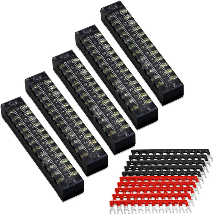 Terminal Block and Strip - 12Pcs (6 Sets) 4 Positions Dual Row 600V 25A Screw Terminal Strip Blocks with Cover + 400V 25A 4 Positions Pre-Insulated Terminals Barrier Strip Black & Red