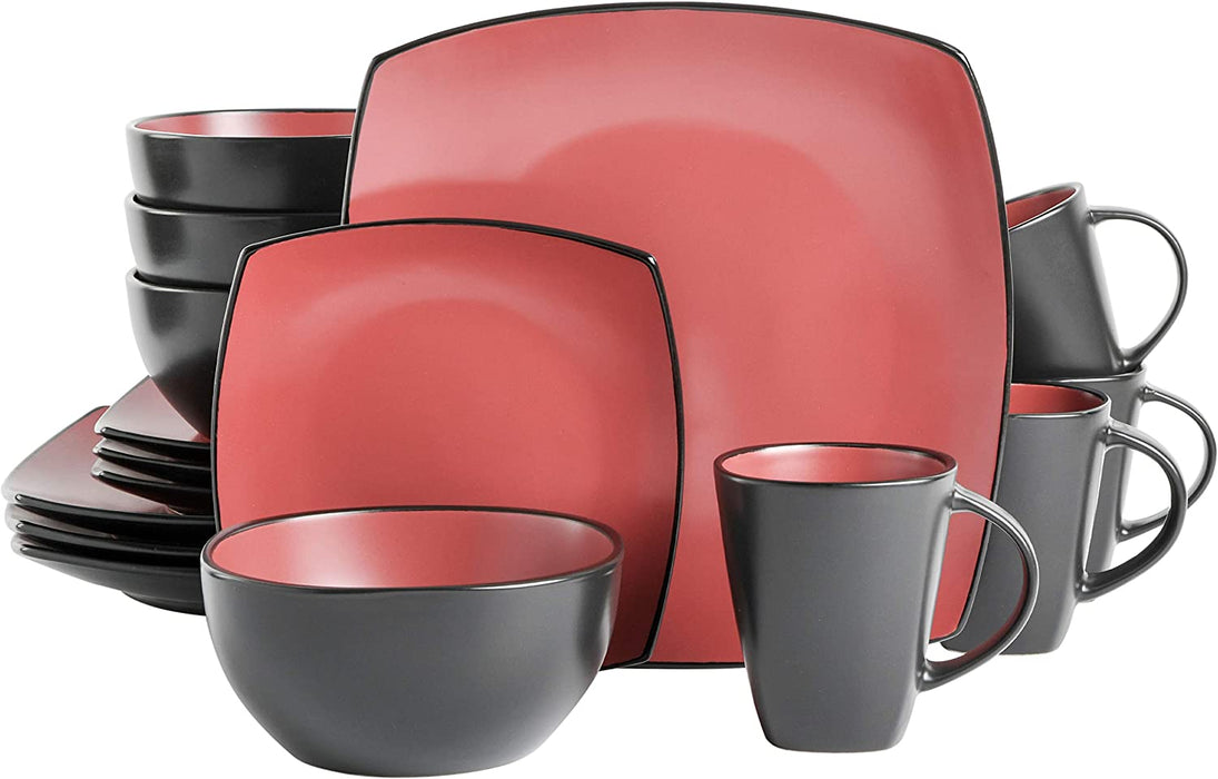Gibson Soho Lounge 16-Piece Square Reactive Glaze Dinnerware Set, Red