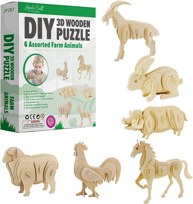 Hands Craft DIY 3D Wooden Puzzle – 6 Assorted Wild Animals Bundle Pack Set Brain Teaser Puzzles Educational STEM Toy Adults and Kids to Build Safe and Non-Toxic Easy Punch Out Premium Wood JP2B8