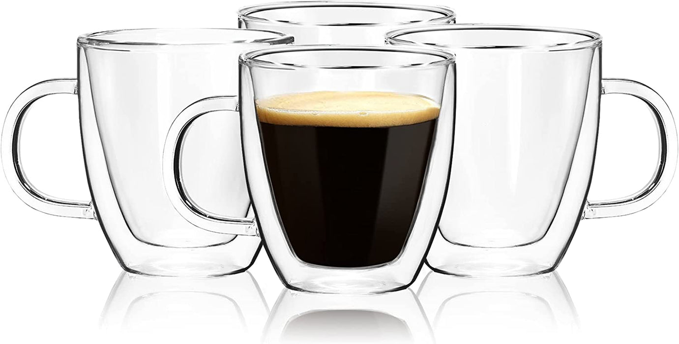 Double Wall Glass Coffee Mugs, (4-Pcak) 16 Ounces-Clear Glass Coffee Cups with Handle,Insulated Coffee Glass,Cappuccino Cups,Tea Cups,Latte Cups,Beverage Glasses Heat Resistant