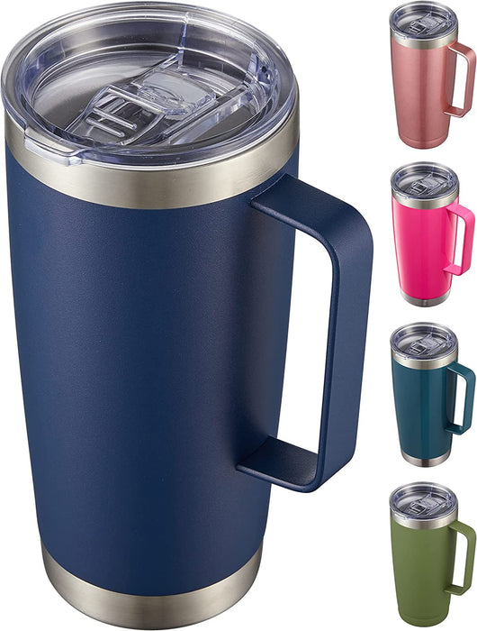 20 Oz Tumbler Mug with Lid and Straw, Insulated Travel Coffee Mug with Handle, Double Wall Stainless Steel Vacuum Coffee Tumbler, Thermal Coffee Cup, Navy Blue