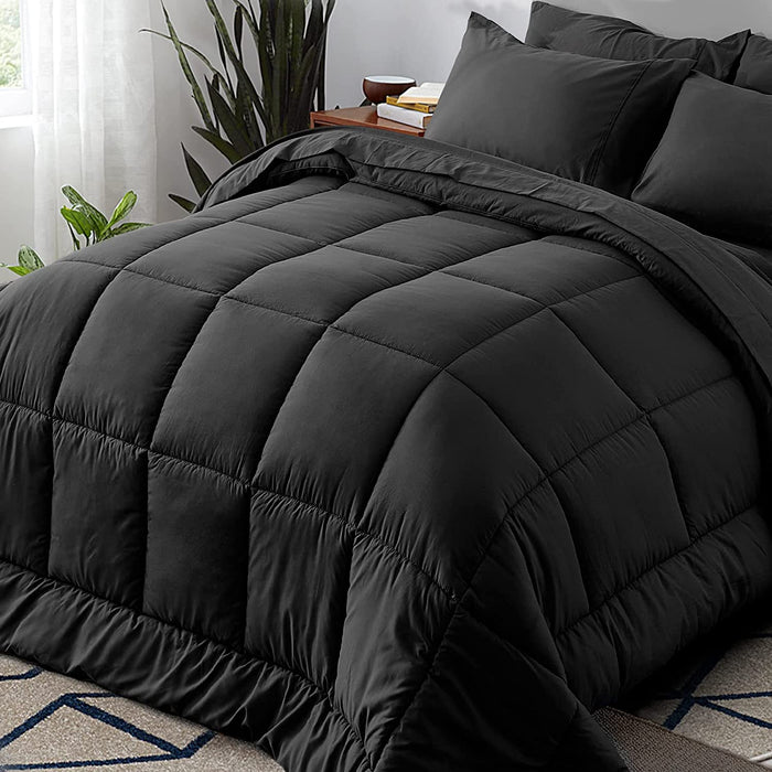 Full Size 7 Pieces Bed in a Bag Bedding Set - Lightweight Black Quilted Comforter Set, All Season Ultra Soft down Alternative Bedding Comforter Set with Comforter, Pillowcase, Flat Sheet, Fitted Sheet