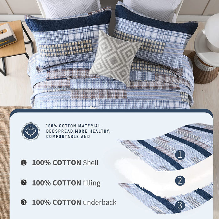 Quilt Queen Size 100% Cotton Queen Size Quilts Blue Beige White Bedspreads Plaid Quilts Lightweight Soft Breathable Bedding Sets for All Season, 3 Piece