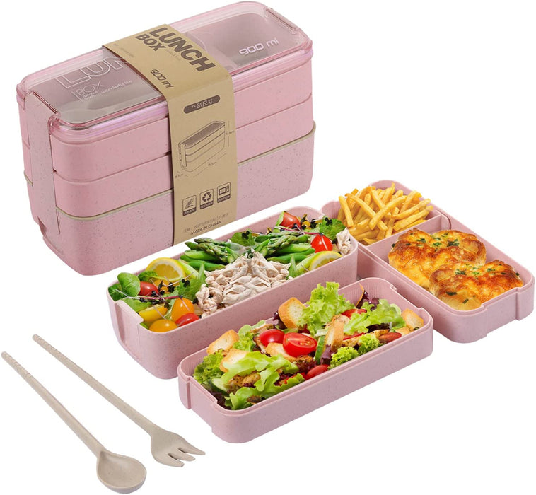 Bento Box Lunch Box for Adults Kids,  3-In-1 Compartment Containers - Wheat Straw, Leakproof Eco-Friendly Bento Lunch Box Meal Prep Containers Microwave Safe (Beige)