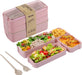 Bento Box Lunch Box for Adults Kids,  3-In-1 Compartment Containers - Wheat Straw, Leakproof Eco-Friendly Bento Lunch Box Meal Prep Containers Microwave Safe (Beige)