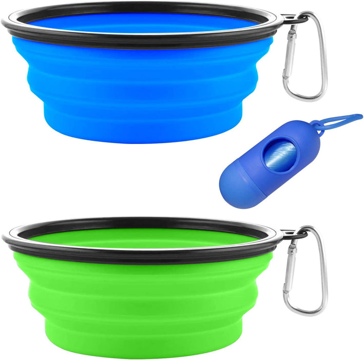 Collapsible Dog Bowls, Portable Travel Dog Bowls, Expandable for Cat Dog Water Bowls Food Feeding, 2 Pack Silicone Pet Bowls with Waste Bag Dispenser