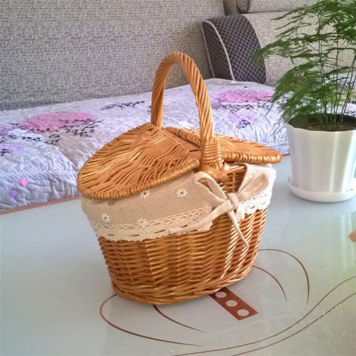 Handmade Woven Rattan Basket with Handle and Double Lids Camping Piic Food Storage Container Organizer