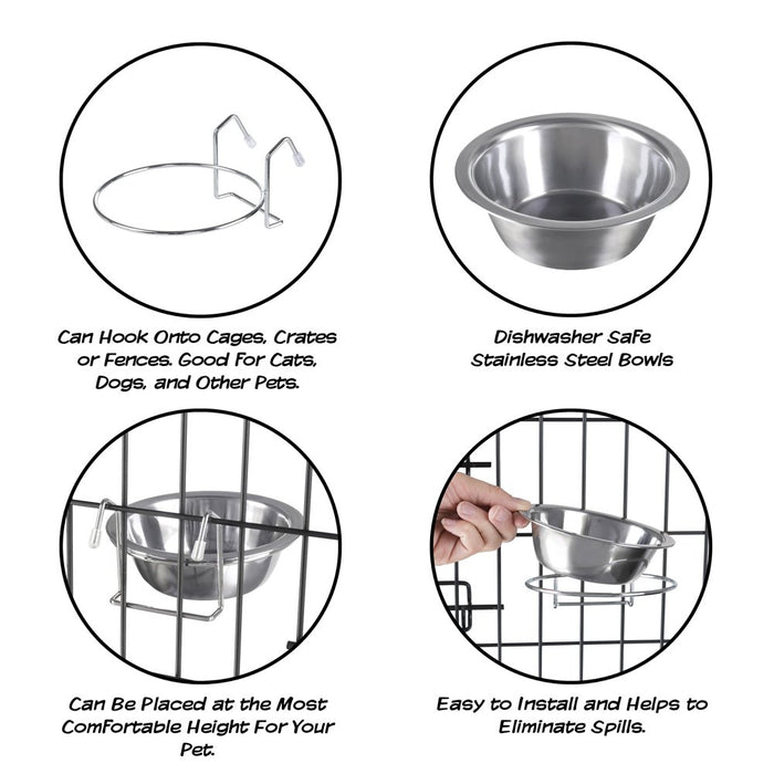 Set of 2 Stainless-Steel Dog Bowls - Cage, Kennel, and Crate Hanging Pet Bowls for Food and Water - 20Oz Each and Dishwasher Safe by PETMAKER