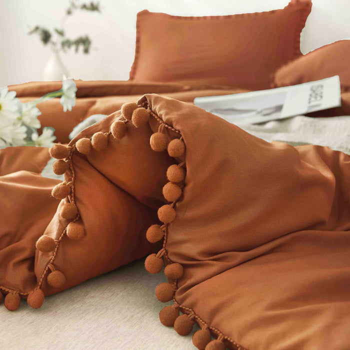 Burnt Orange Comforter Set Queen Size Pom Pom, 3 Piece Boho Bed Set, All Season Farmhouse Microfiber down Alternative Bedding Comforter (90X90) with 2 Pillow Shams