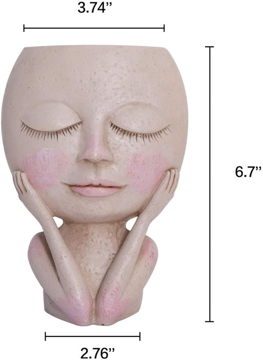 Face Flower Pot Head Planter Pot Succulent Planter Cute Resin Cactus Planter with Drainage Hole Closed Eyes