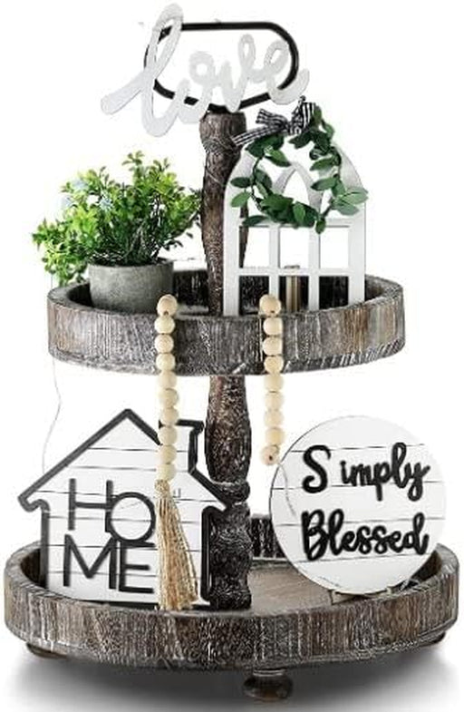 Tiered Tray Decor 10 Pieces Farmhouse Decor for Tiered Tray, White Exquisite Relief Design Sign Rustic Table Ornaments for Kitchen Table Decoration, Housewarming Gift (Tiered Tray NOT Included)