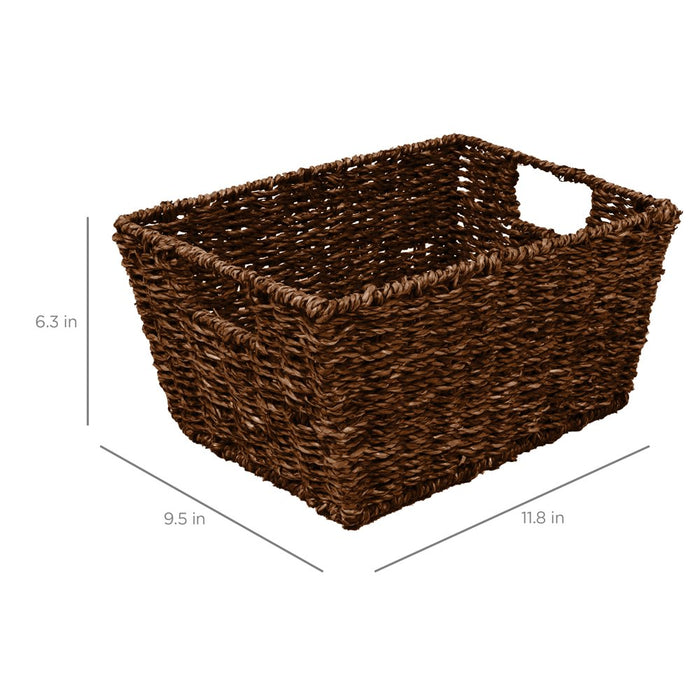 Set of 4 Multipurpose Stackable Seagrass Laundry Organizer Tote Baskets W/ Insert Handles - Brown
