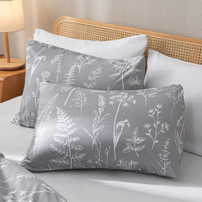 3PCS Comforter Set Floral Comforter Set Bedding Set White Flower Printing on Gray Comforter with 2 Pillow Cases for All Season Using(Queen)