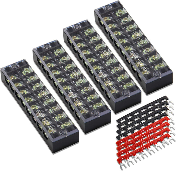 Terminal Block and Strip - 12Pcs (6 Sets) 4 Positions Dual Row 600V 25A Screw Terminal Strip Blocks with Cover + 400V 25A 4 Positions Pre-Insulated Terminals Barrier Strip Black & Red