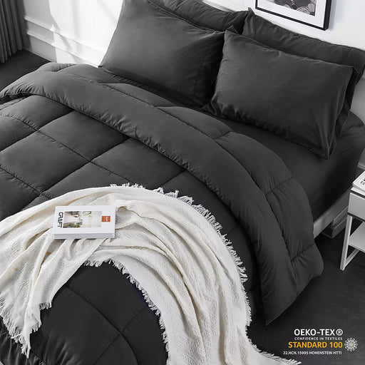 Full Size 7 Pieces Bed in a Bag Bedding Set - Lightweight Black Quilted Comforter Set, All Season Ultra Soft down Alternative Bedding Comforter Set with Comforter, Pillowcase, Flat Sheet, Fitted Sheet