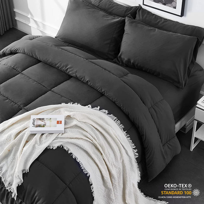 Full Size 7 Pieces Bed in a Bag Bedding Set - Lightweight Black Quilted Comforter Set, All Season Ultra Soft down Alternative Bedding Comforter Set with Comforter, Pillowcase, Flat Sheet, Fitted Sheet