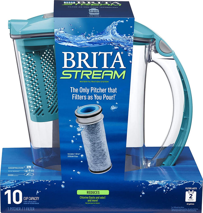 Large Water Filter Pitcher for Tap and Drinking Water with 1 Stream Filter, Lasts 2 Months, 10-Cup Capacity, BPA Free, Lake Blue