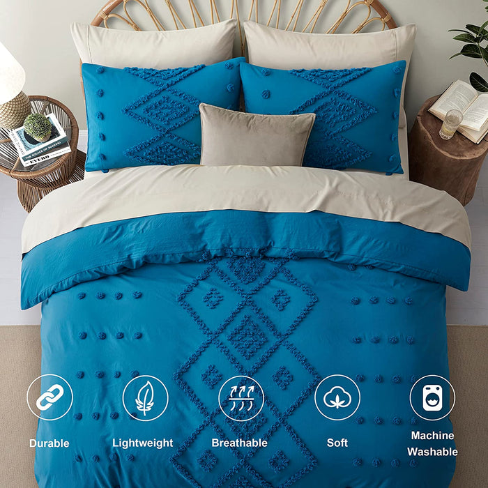 Oli Anderson Tufted Duvet Cover Queen Size, Soft and Lightweight Duvet Covers Set for All Seasons, 3 Pieces Boho Embroidery Shabby Chic Bedding Set (Turquoise, Queen, 90’’ X 90’’)