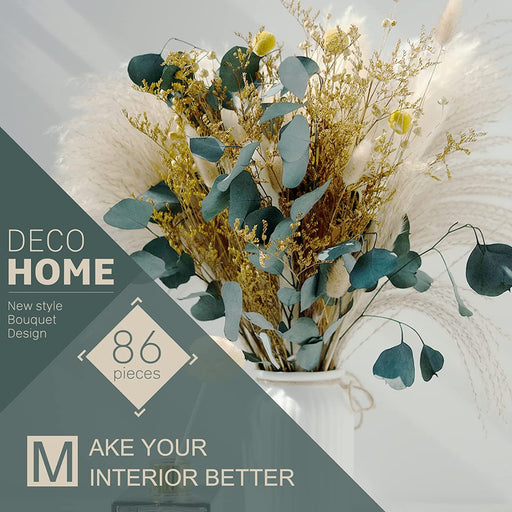 86PCS Natural Dried Pampas Grass Decor,Boho Room Decor Bouquet,Eucalyptus Dried Flowers,Centerpiece Table Decorations Bouquet for Wedding Floral Arrangements Home Living Room Decorations
