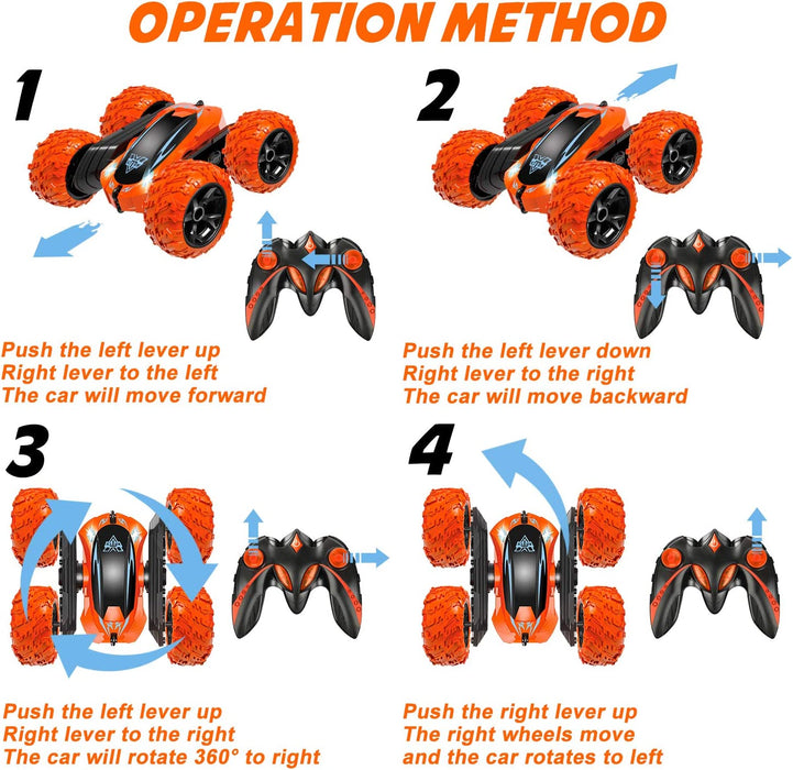 Remote Control Car, 2.4Ghz Electric Race Stunt Car, Double Sided 360° Rolling Rotating Rotation, LED Headlights RC 4WD High Speed off Road Gift for 3 4 5 6 7 8-12 Year Old Boy Toys (Orange)