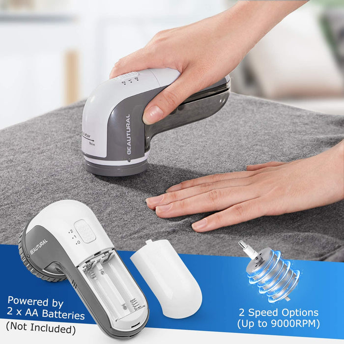Fabric Shaver and Lint Remover, Sweater Defuzzer with 2-Speeds, 2 Replaceable Stainless Steel Blades, Battery Operated, Remove Clothes Fuzz, Lint Balls, Pills, Bobbles Gray