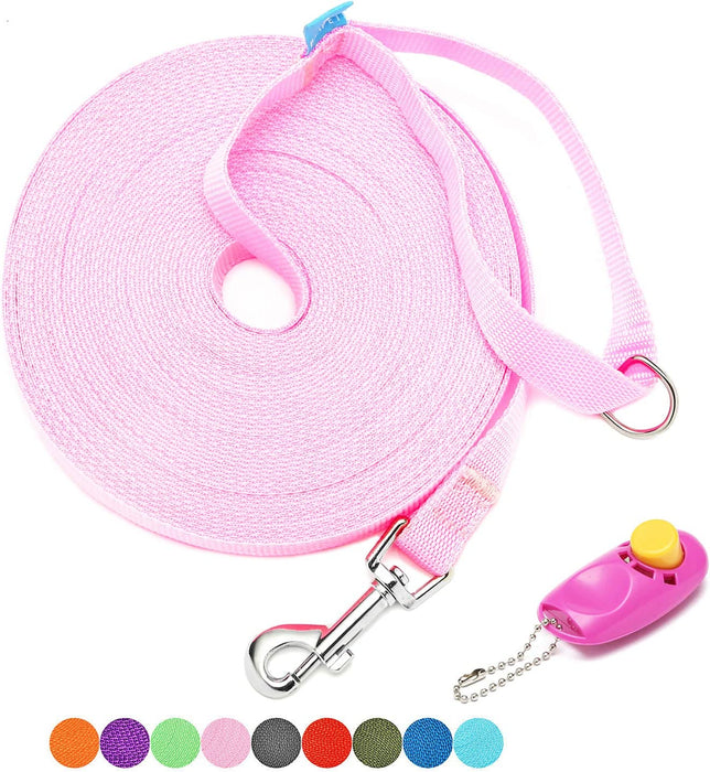 BAAPET 15 Ft 20 Ft 30 Ft 50 Ft 100 Ft Long Dog Training Leash for Dog Training, Play, Camping, or Backyard Lead with Training Clickers for Small, Medium and Large Dogs or Cats (30 Feet, Purple)
