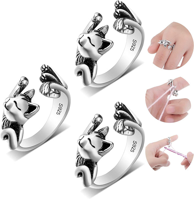 3 Pieces Adjustable Knitting Loop Rings Woven Rings Open Finger Holder Crochet Knitting Loop Accessories Cute Cat Shape Yarn Guide Holder for Hand Weaving Hook Line Supplies