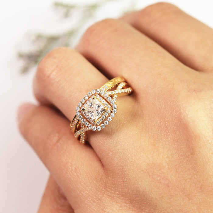 1.25 Ct - Square Moissanite - Double Halo - Twisted Band - Vintage Inspired - Pave - Wedding Ring Set in 18K Yellow Gold over Silver