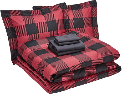 7-Piece Lightweight Microfiber Bed-In-A-Bag Comforter Bedding Set - Full/Queen, Red Buffalo Plaid