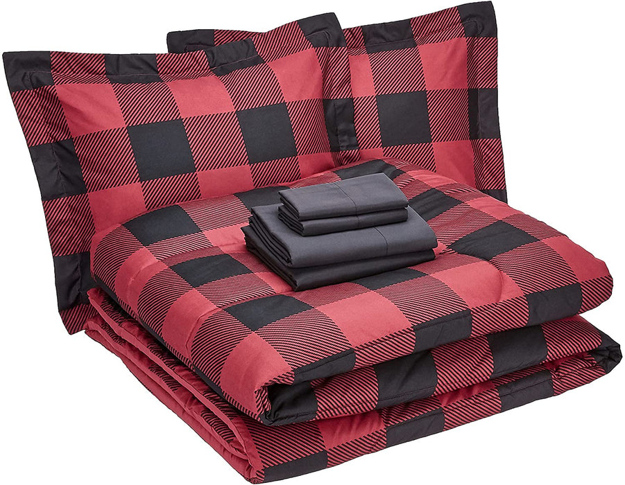 7-Piece Lightweight Microfiber Bed-In-A-Bag Comforter Bedding Set - Full/Queen, Red Buffalo Plaid