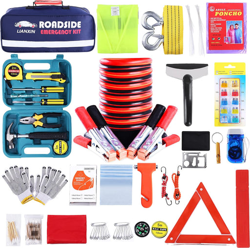 Roadside Assistance Emergency Kit - Car Emergency Kit with Jumper Cables (Upgraded) Emergency Roadside Kit for Car 142 Pieces Car Safety Kits,Tow Strap,Tool Kit,Reflective Warning Triangle