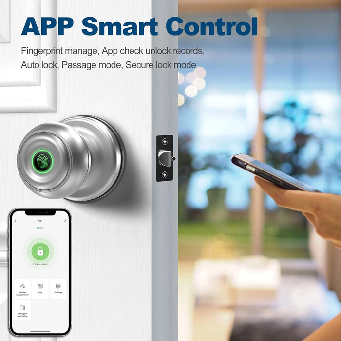 Smart Door Knob, Fingerprint Door Lock Smart Lock Biometric Door Lock Fingerprint Door Knob with App Control, Great for Bedrooms,Cloakroom,Apartments Offices,Hotels, Satin Nickel
