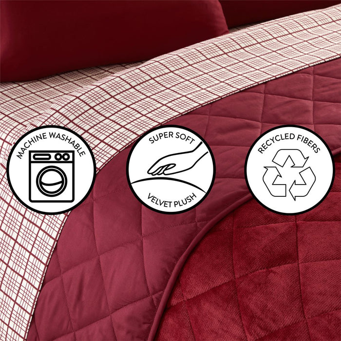 Dearfoams Burgundy Velvet Plush 7 Piece Quilt Bedding Set with Flannel Sheets, Full