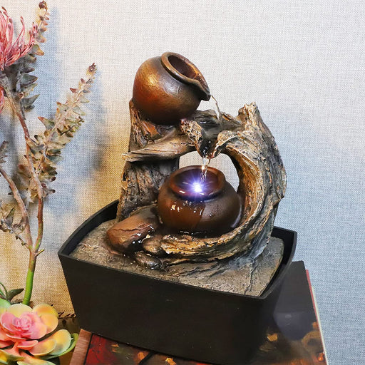Tabletop Water Fountain Indoor - Tree Trunk with Jar Rustic Fountains Small Feng Shui Zen Waterfall Fountain W/ LED Light & Soothing Sounds for Office Home Desktop Decor (Brown)