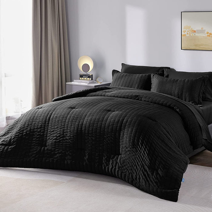 Queen Seersucker Comforter Set with Sheets Black Bed in a Bag 7-Pieces All Season Bedding Sets with Comforter, Pillow Sham, Flat Sheet, Fitted Sheet, Pillowcase